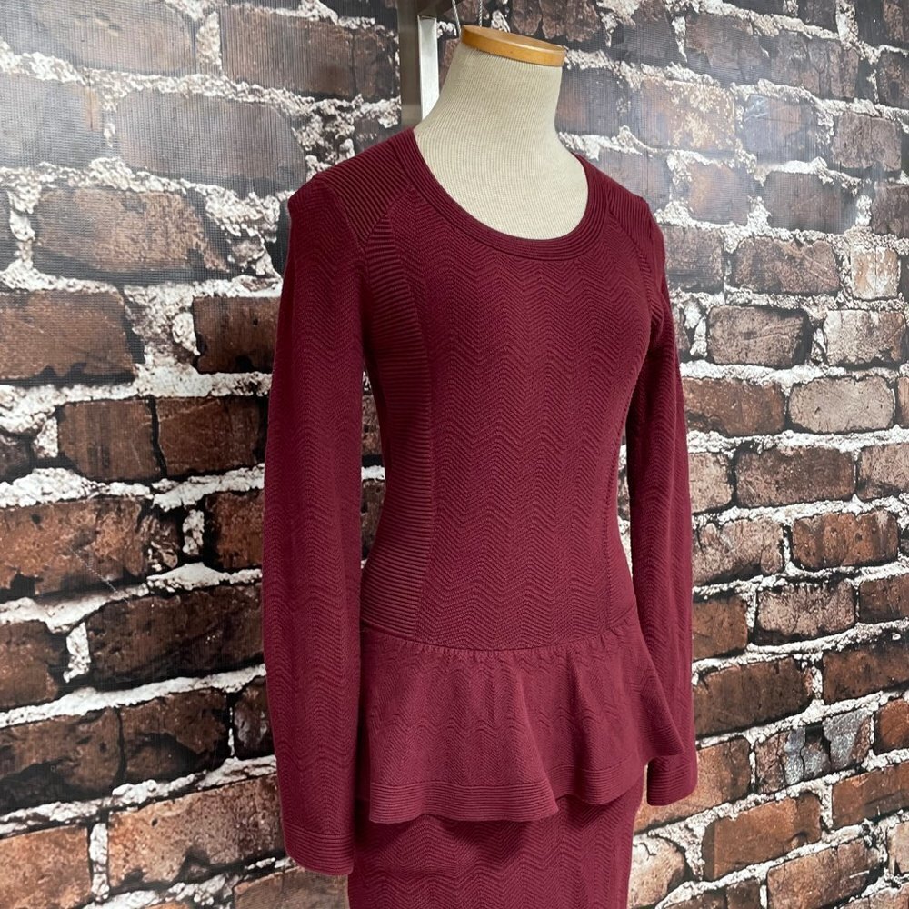 Sandro Paris Dress Peplum Knit Burgundy Red Chevron Long Sleeves Size 2 4 - Picture 14 of 15